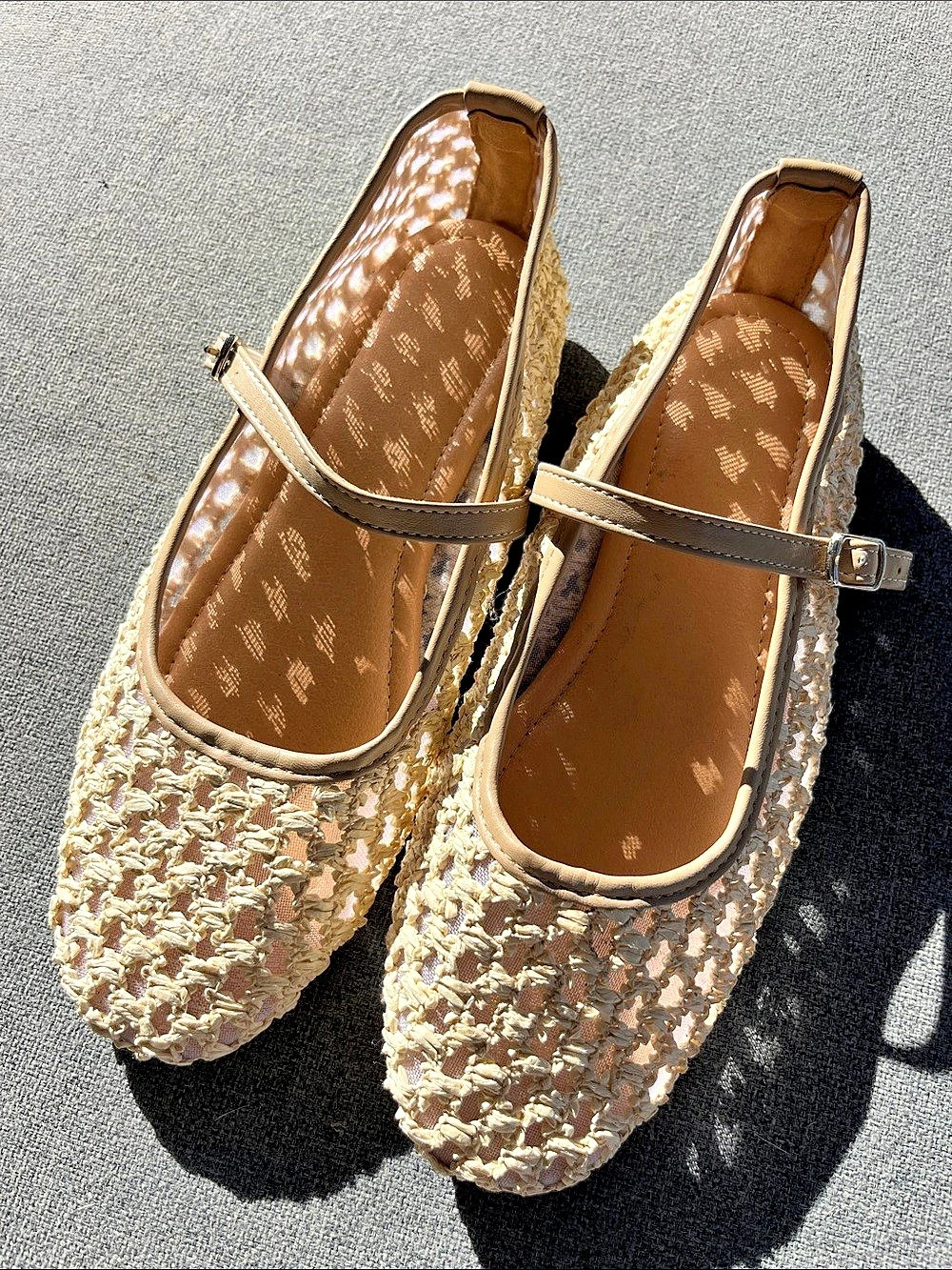 Textured Mary Jane Flats in Beige